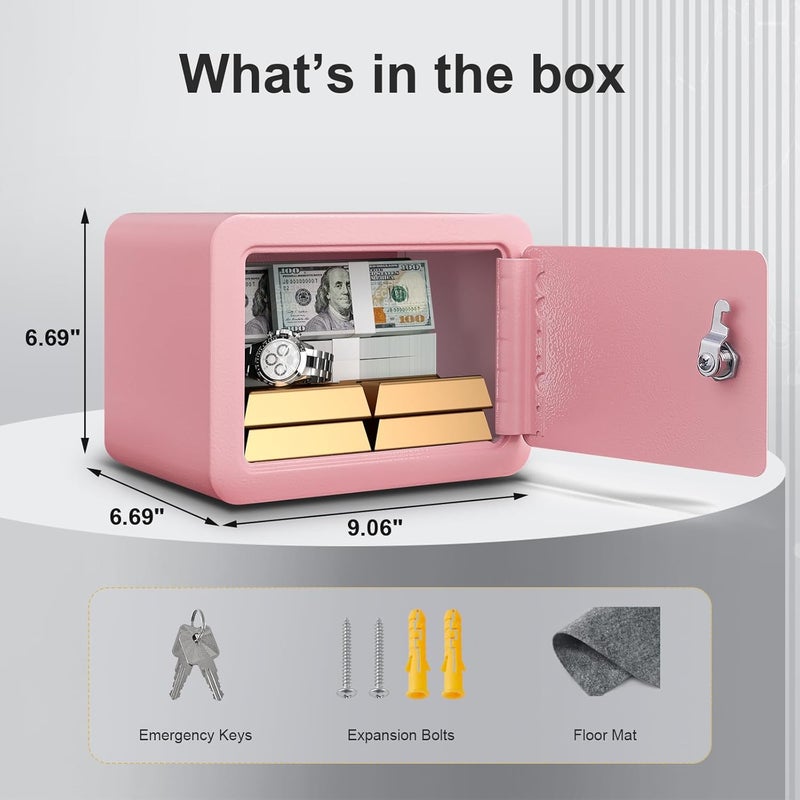 Marcree 0.23 Cubic Small Safe Box for Home, Mini Safes for Kids, Pink Safe with Key, Security Cabinet Safes with Cutting-edge Bending, Lock Box with Keys for Money Cash, 6.69x 9.06x 6.69 Inches, Pink - Image 2